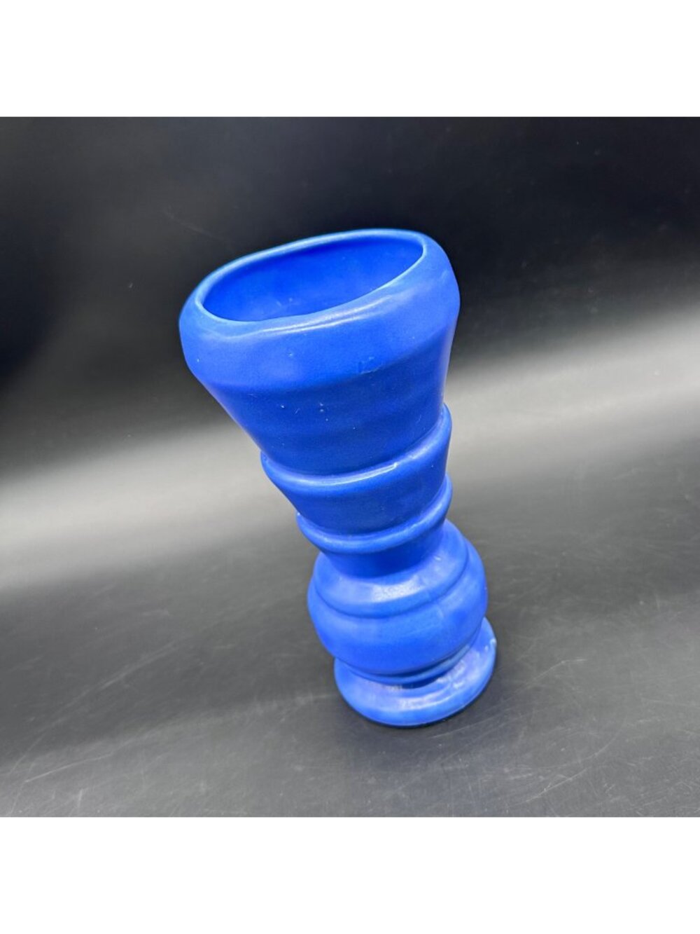 Vintage Blue Vase Mid Century Modern Ribbed Hourglass Ceramic Retro Decor
